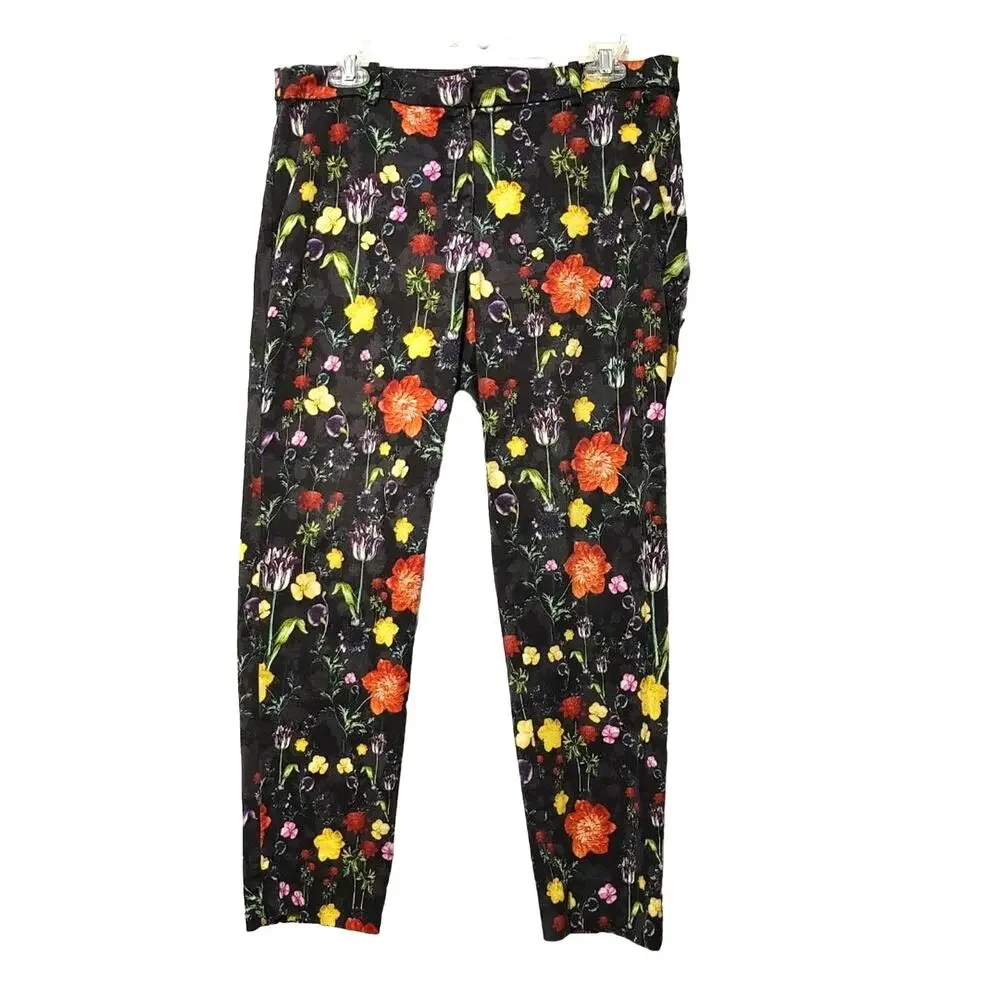 H&M Patterned Cigarette Trousers Skinny Ankle Pants Black Floral Womens Size 12